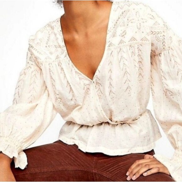 Free People Tops - Free People Top Cream Gold Blouse Boho Counting Stars Peasant Raw Hem Large